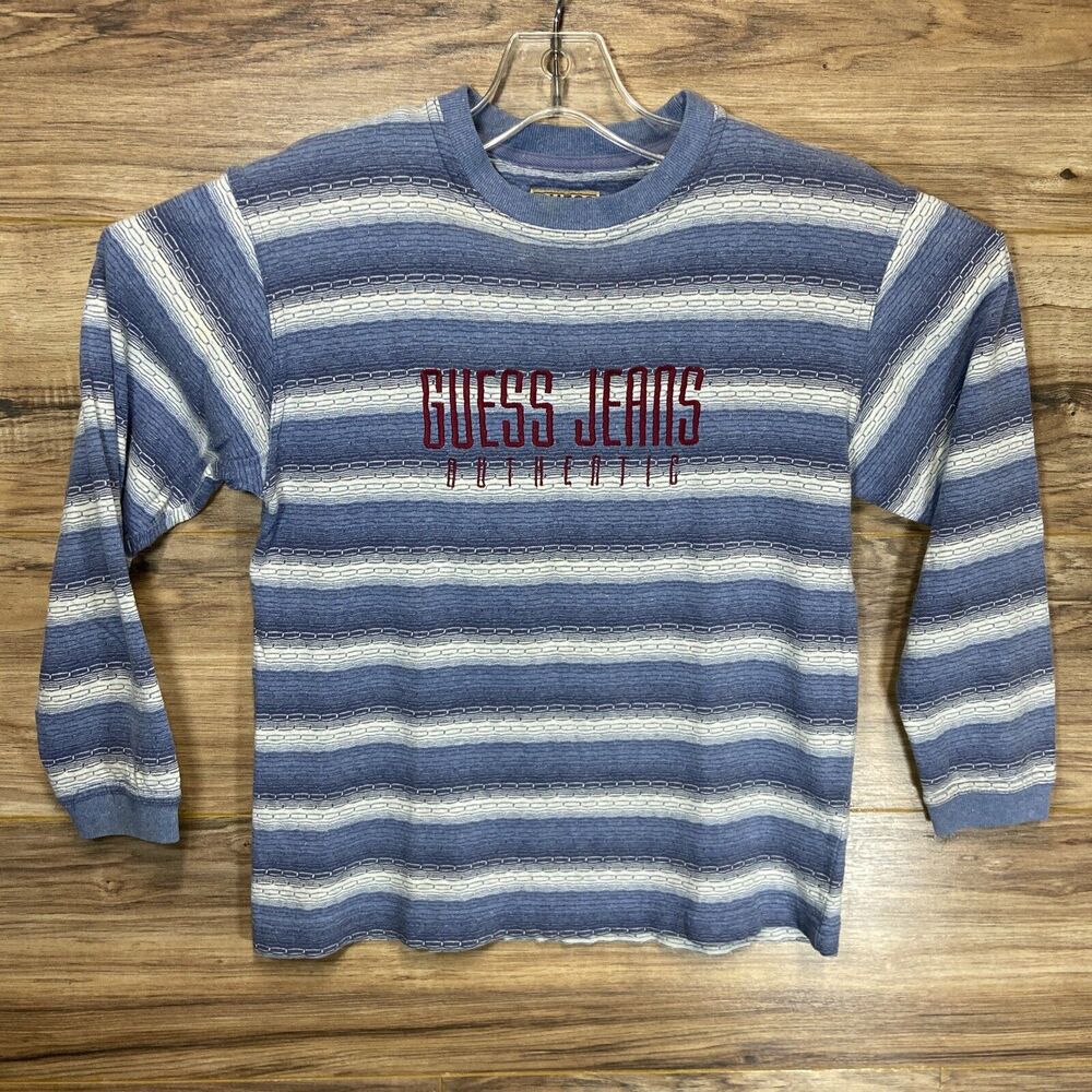 Vintage Guess Jeans USA Striped Crop Top Long Sleeve Embroidered Sz M